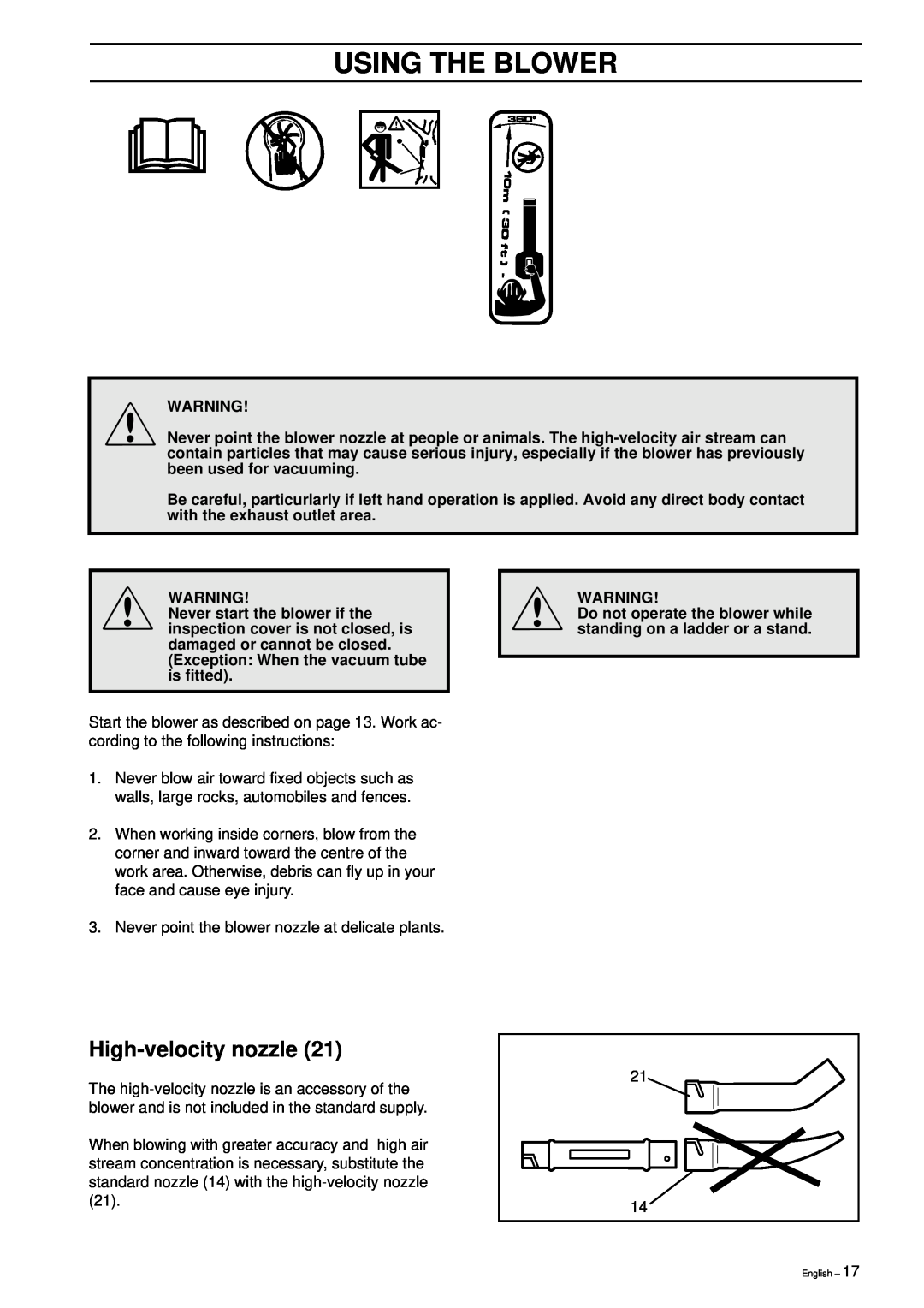 Husqvarna 225B X-Series manual High-velocity nozzle, Using The Blower 