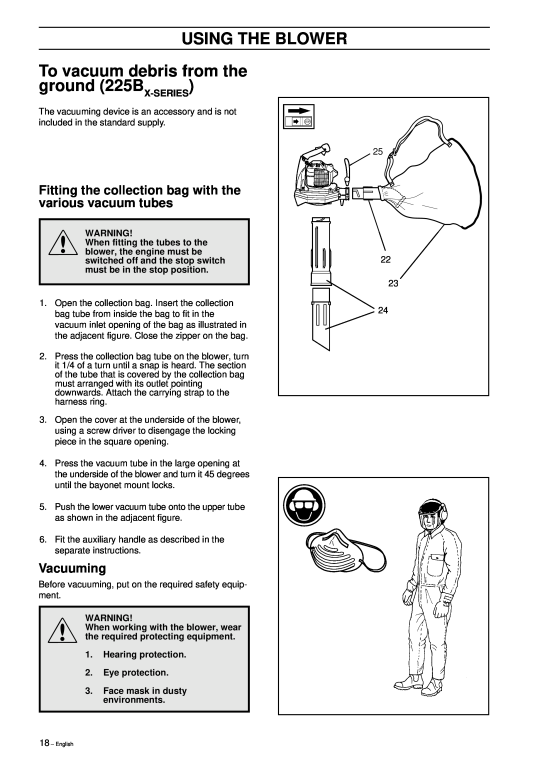 Husqvarna manual To vacuum debris from the ground 225BX-SERIES, Fitting the collection bag with the various vacuum tubes 