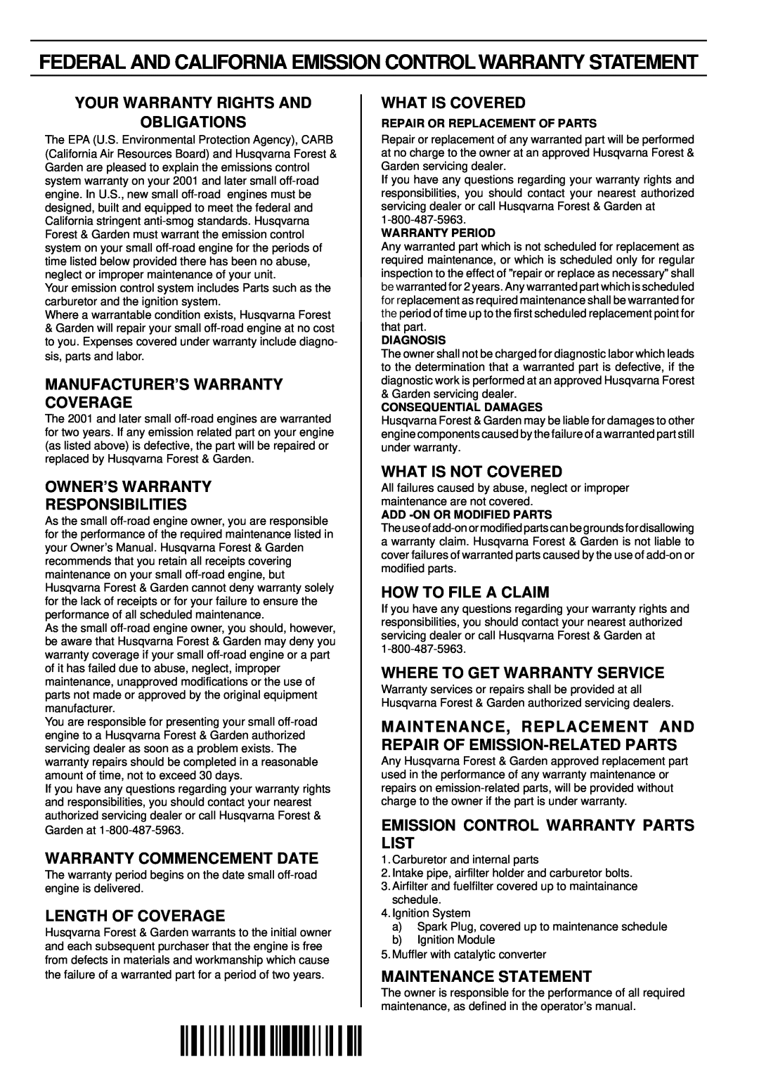 Husqvarna 225B X-Series manual ´+H¶5B¨, Federal And California Emission Control Warranty Statement 