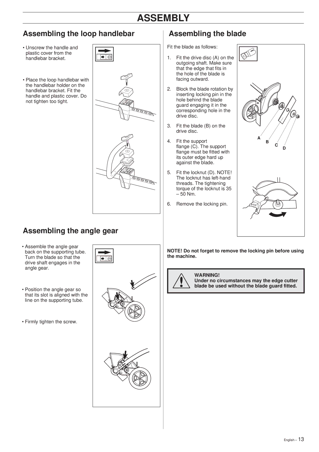 Husqvarna 225E manual Assembly, Assembling the blade, Assembling the angle gear 