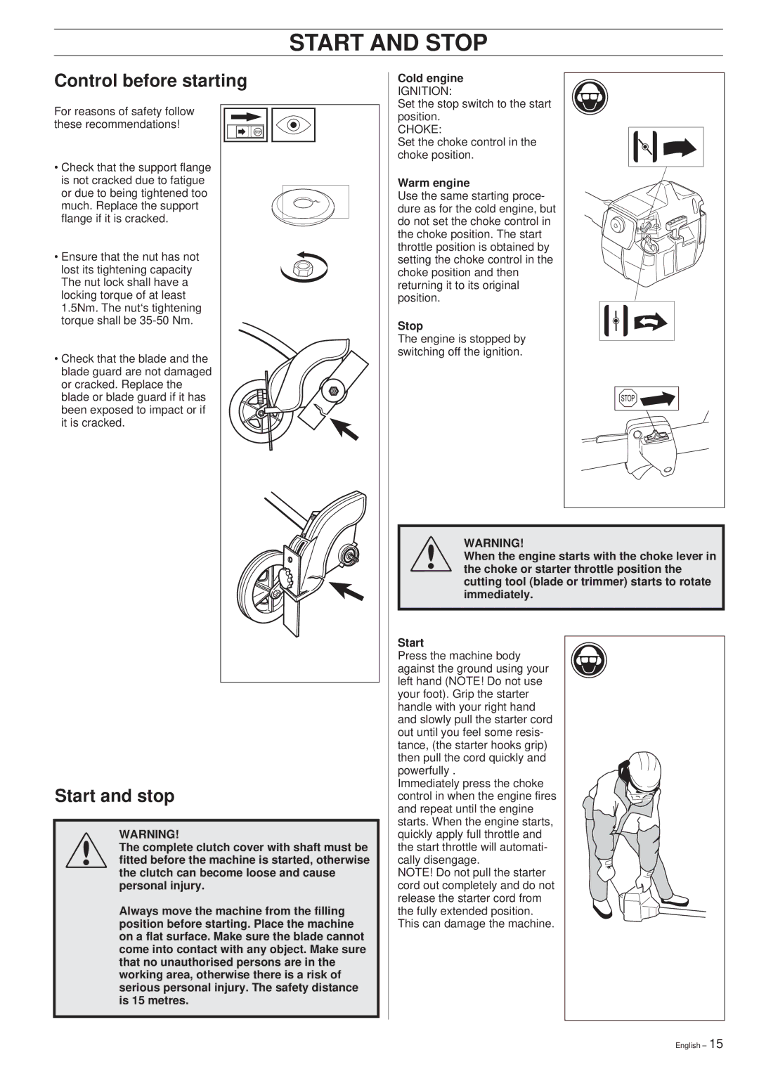 Husqvarna 225E manual Start and Stop, Control before starting, Start and stop 