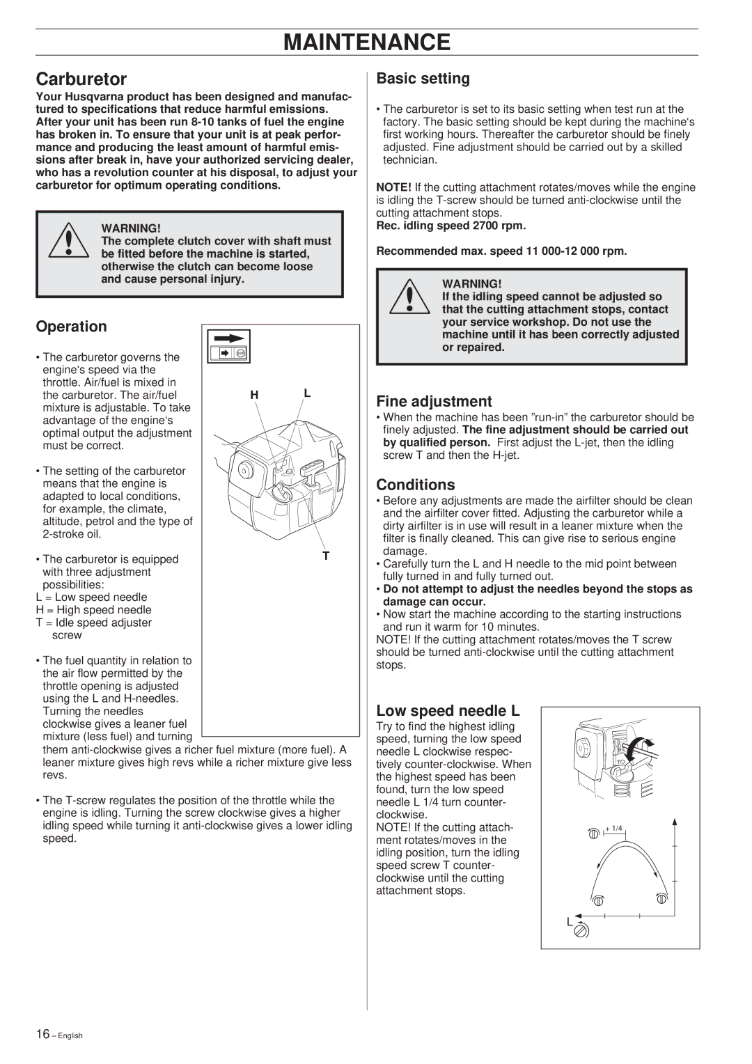 Husqvarna 225E manual Maintenance, Carburetor 