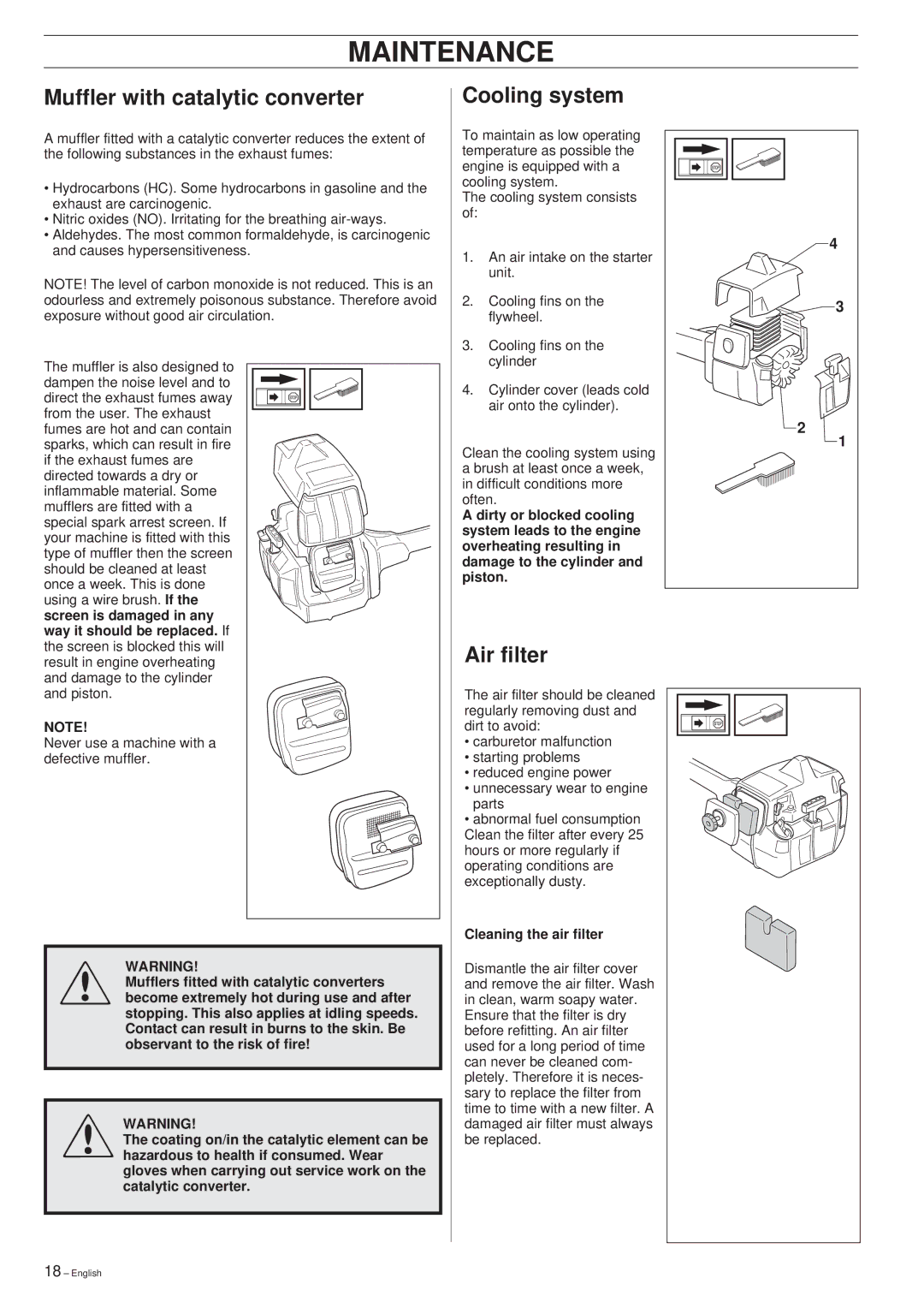 Husqvarna 225E manual Muffler with catalytic converter Cooling system, Air filter, Cleaning the air filter 