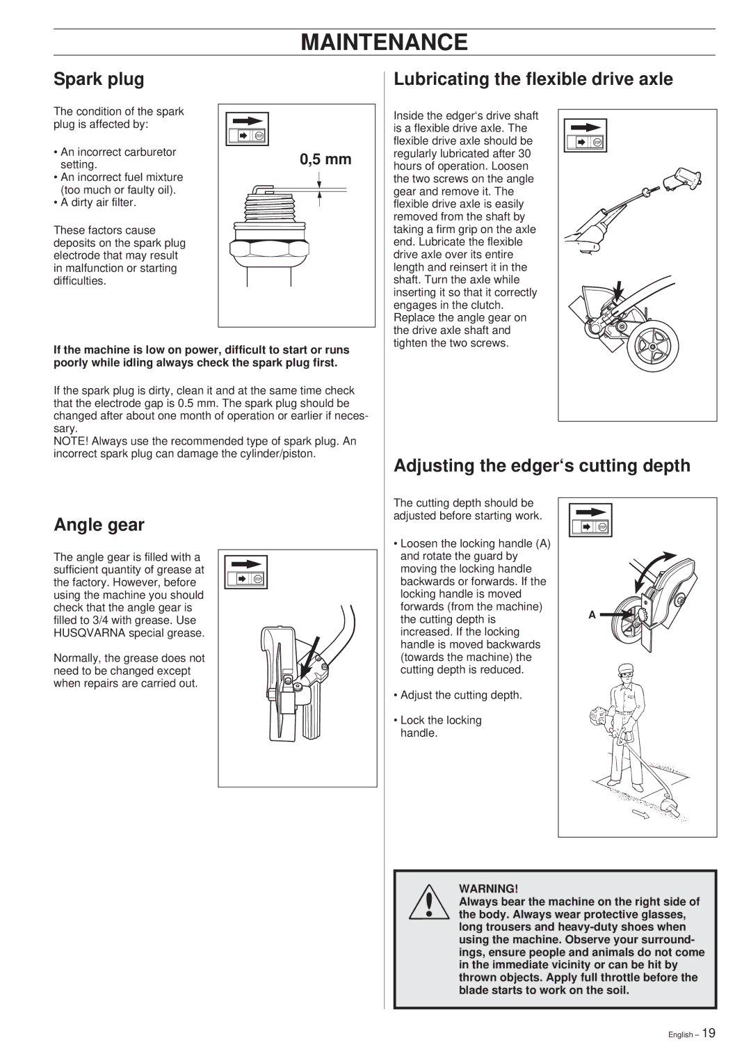 Husqvarna 225E manual Spark plug Lubricating the flexible drive axle, Adjusting the edger‘s cutting depth Angle gear 