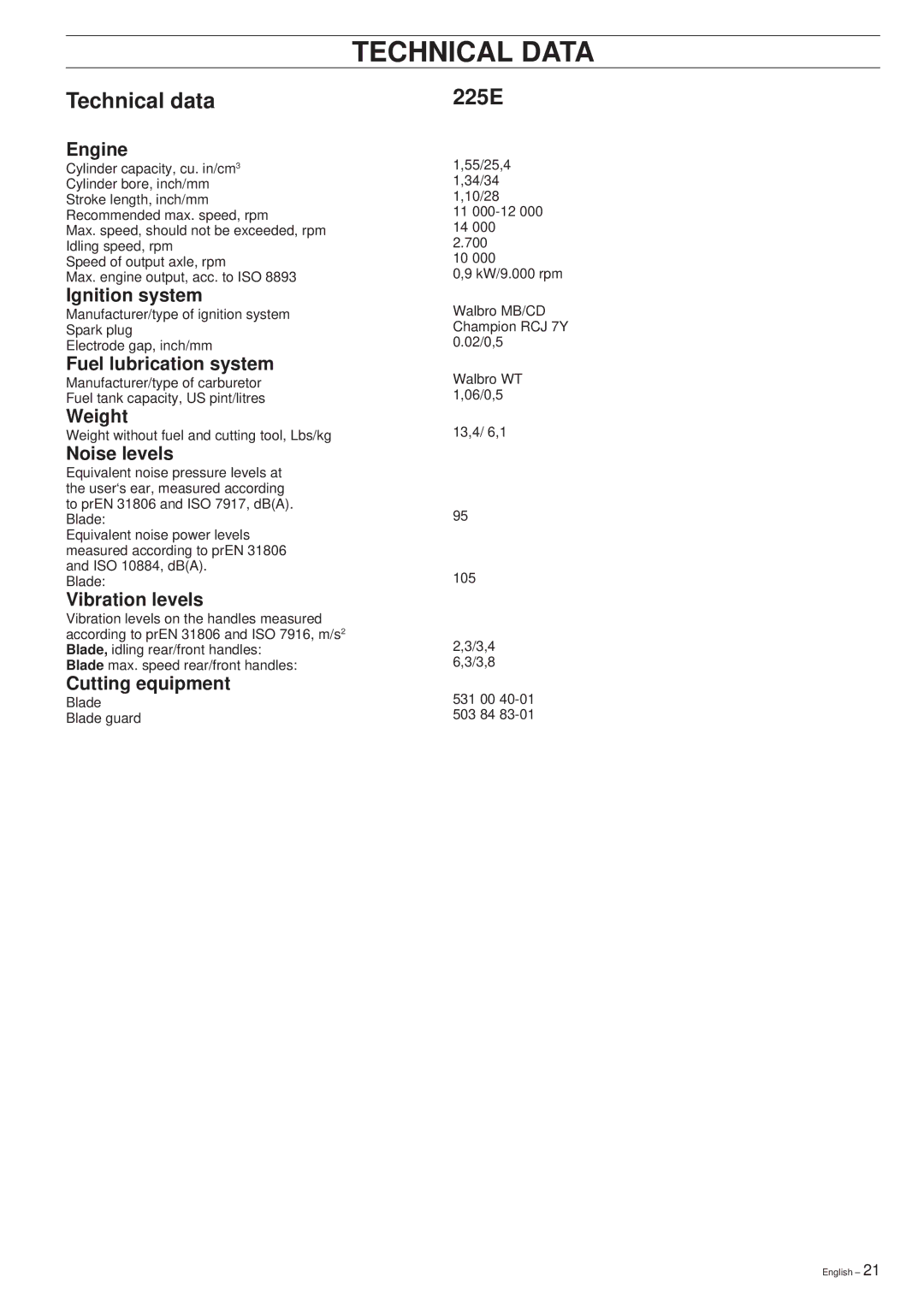 Husqvarna 225E manual Technical Data, Technical data 