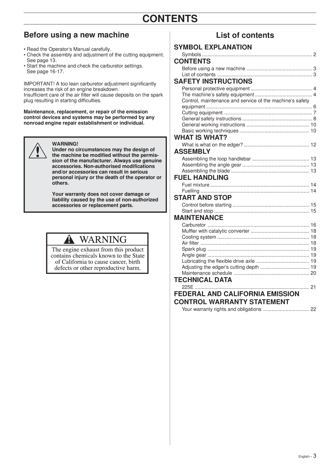 Husqvarna 225E manual Contents 