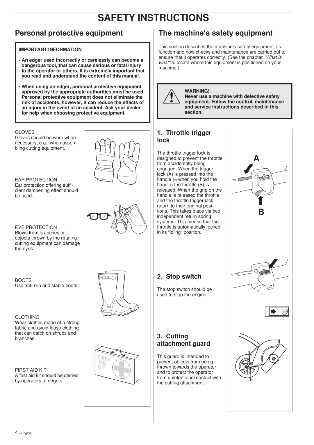 Husqvarna 225E manual Safety Instructions, Personal protective equipment, Machine‘s safety equipment 