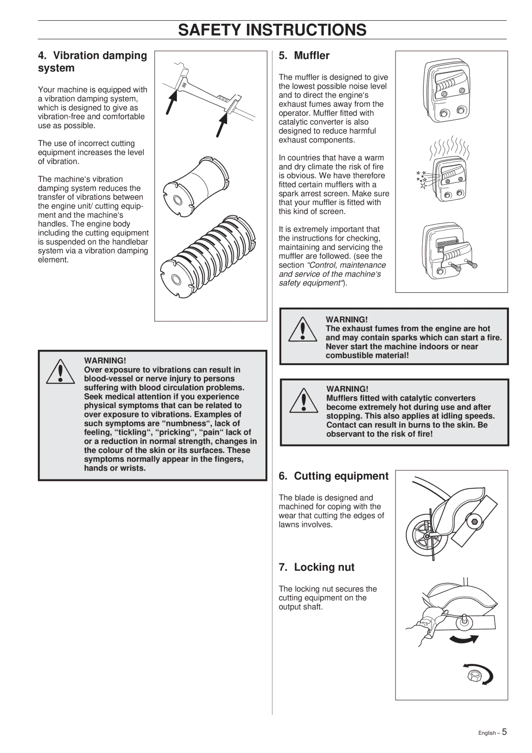 Husqvarna 225E manual Vibration damping system, Muffler, Cutting equipment, Locking nut 