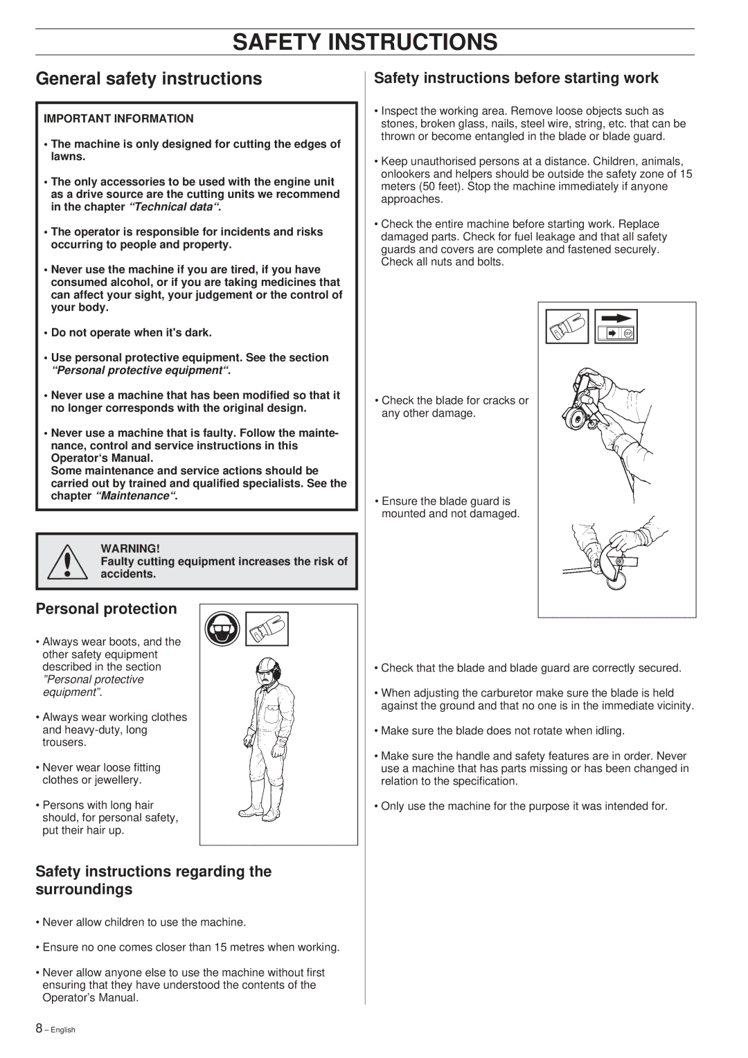 Husqvarna 225E manual General safety instructions, Personal protection, Safety instructions regarding the surroundings 