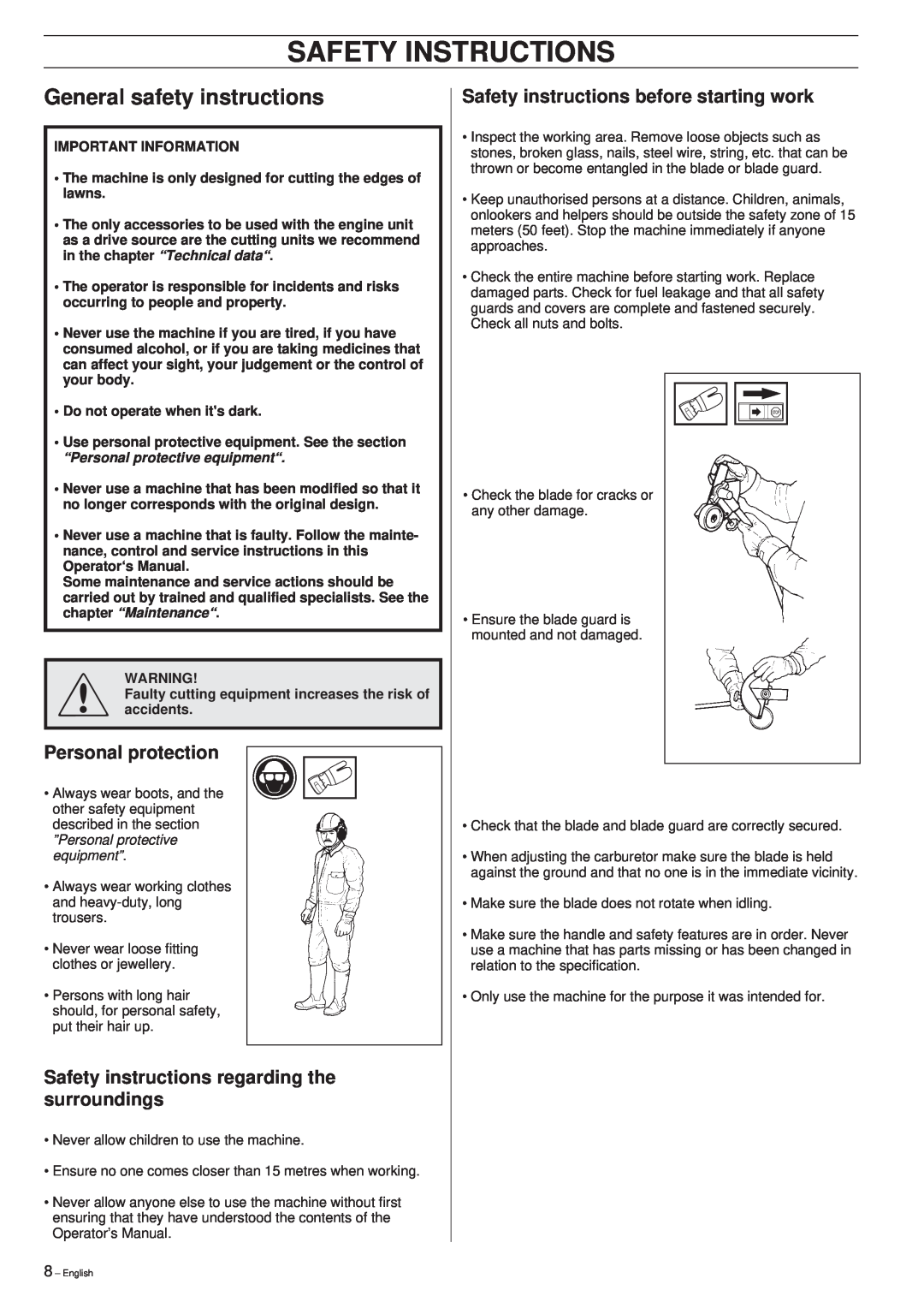 Husqvarna 225E manual General safety instructions, Safety Instructions, Personal protection 