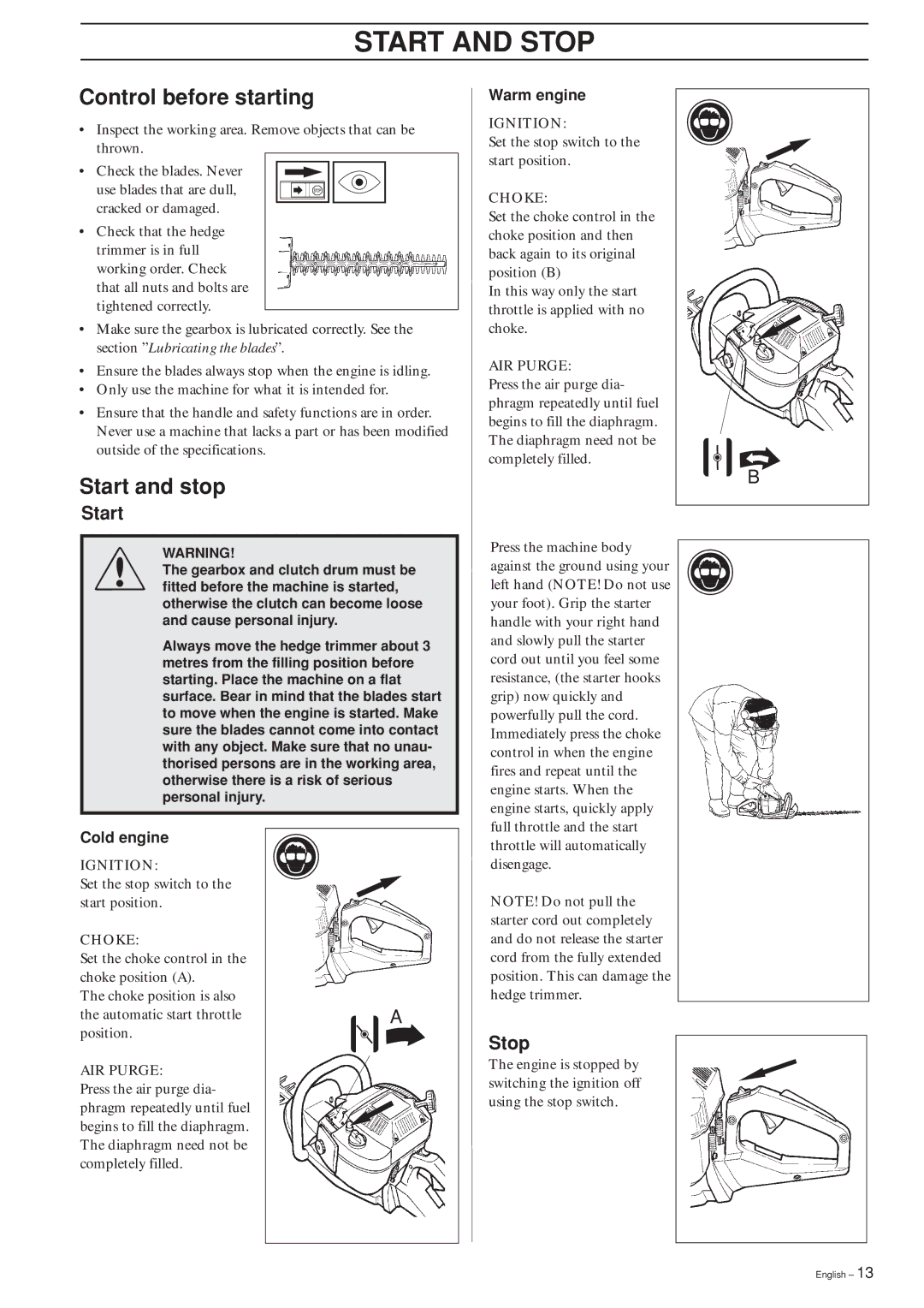 Husqvarna 225H60 manual Start and Stop, Control before starting, Start and stop 