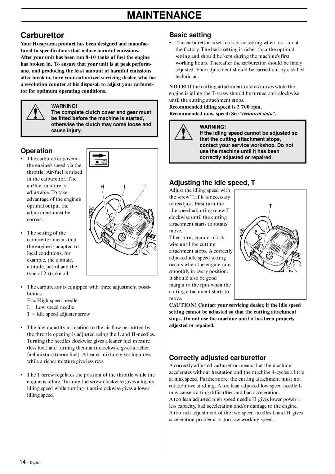 Husqvarna 225H60 manual Maintenance, Carburettor 