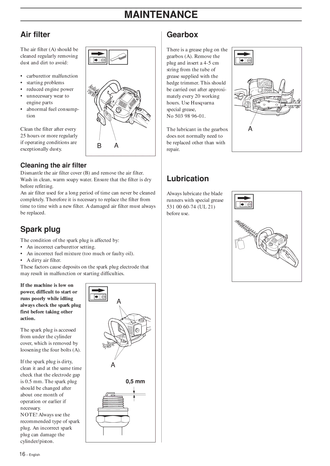 Husqvarna 225H60 manual Air filter Gearbox, Spark plug, Lubrication, Cleaning the air filter 