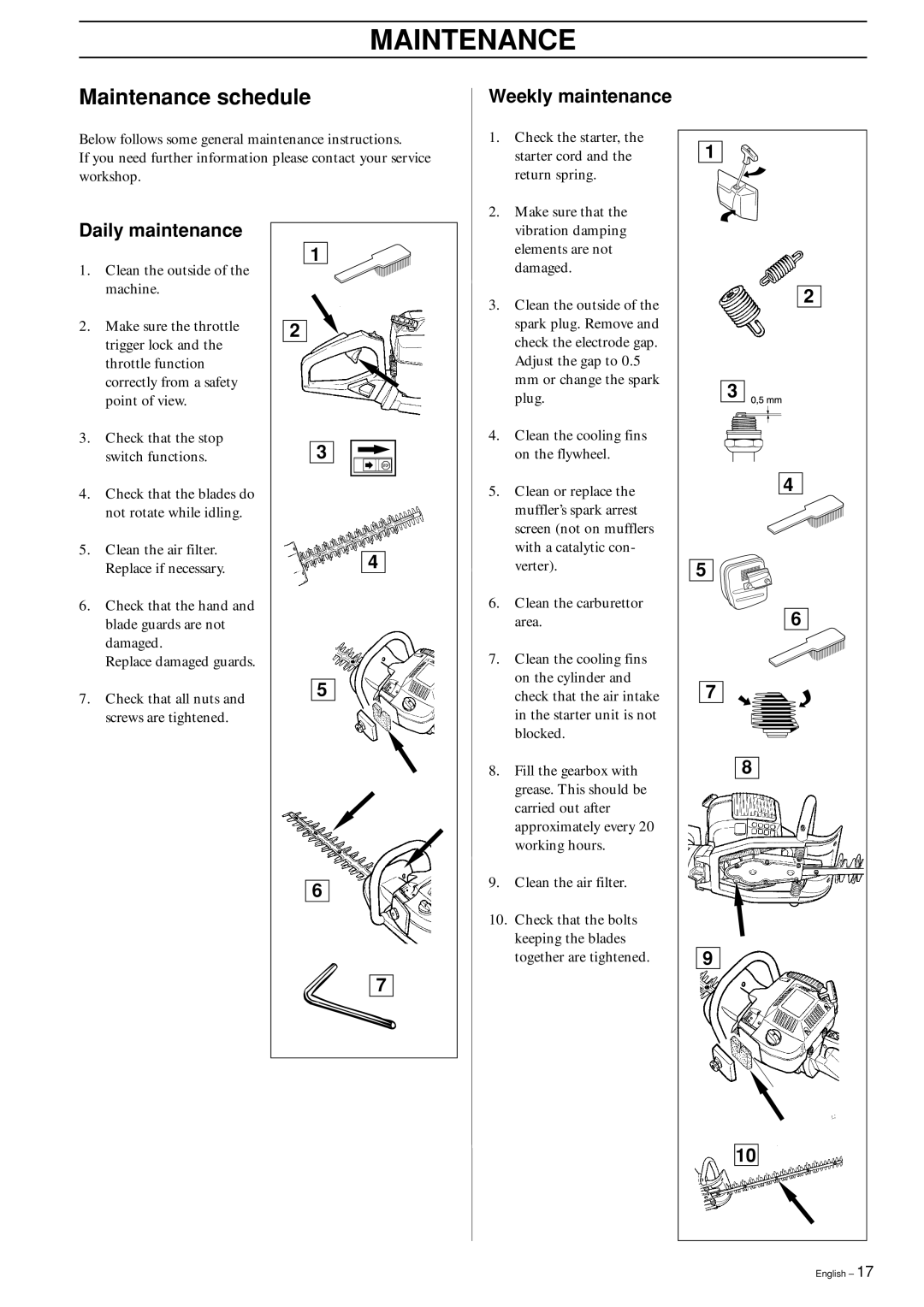 Husqvarna 225H60 manual Maintenance schedule, Weekly maintenance, Daily maintenance 