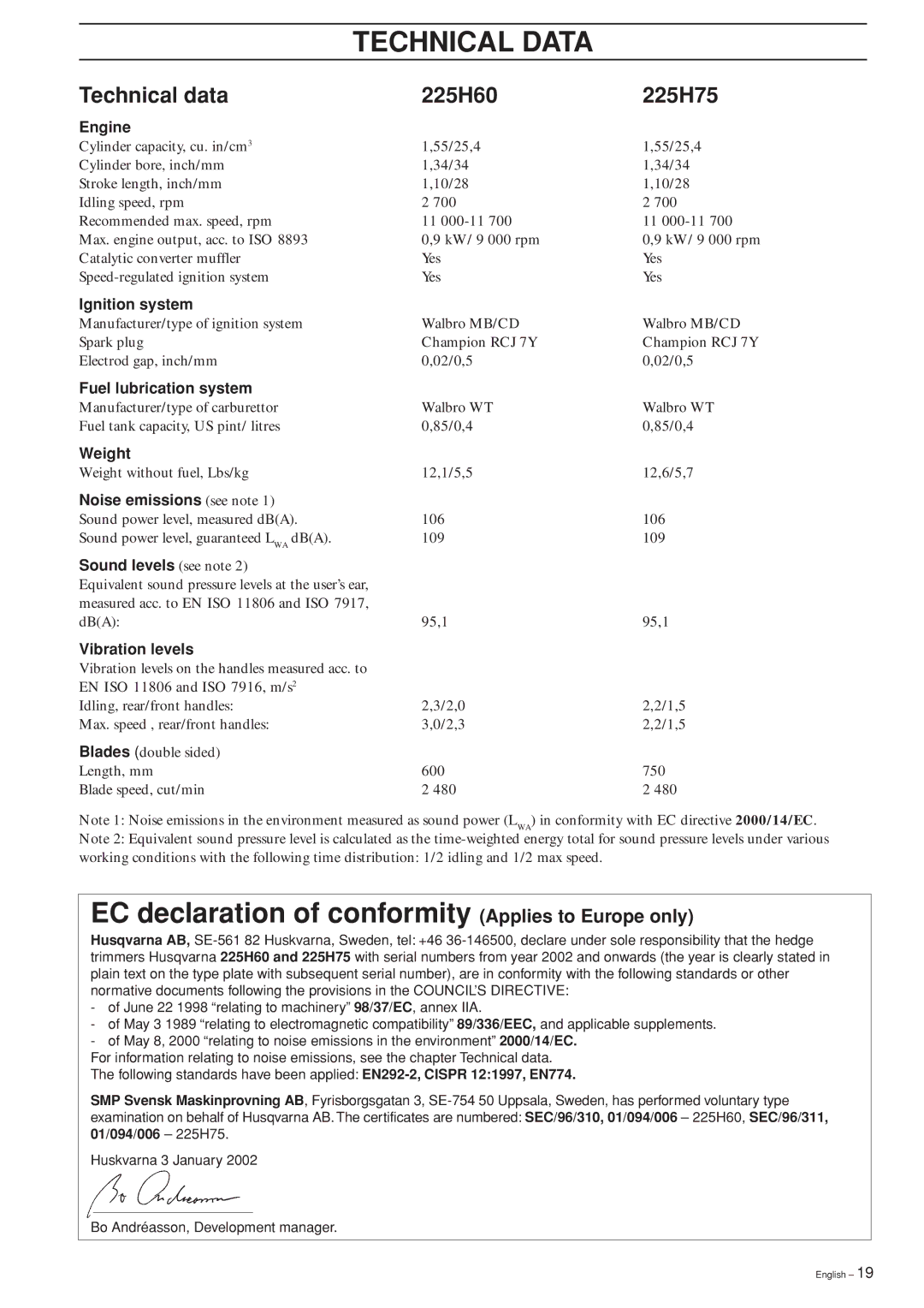 Husqvarna manual Technical Data, Technical data 225H60 225H75 