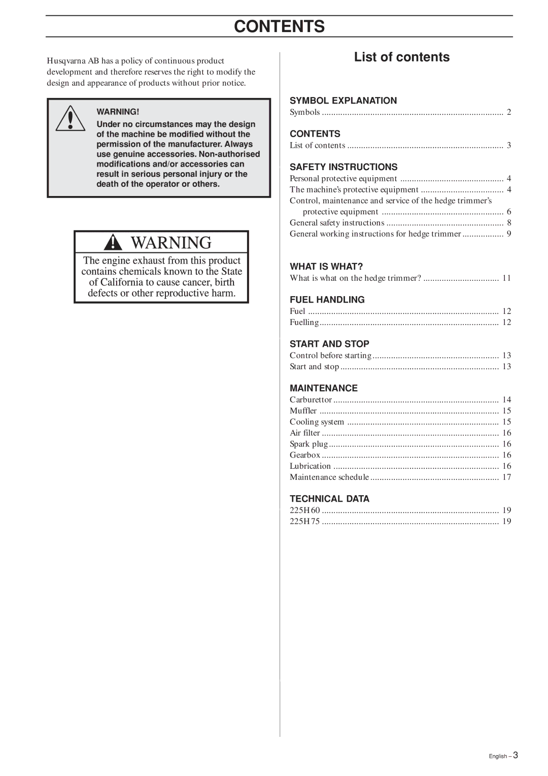 Husqvarna 225H60 manual Contents 