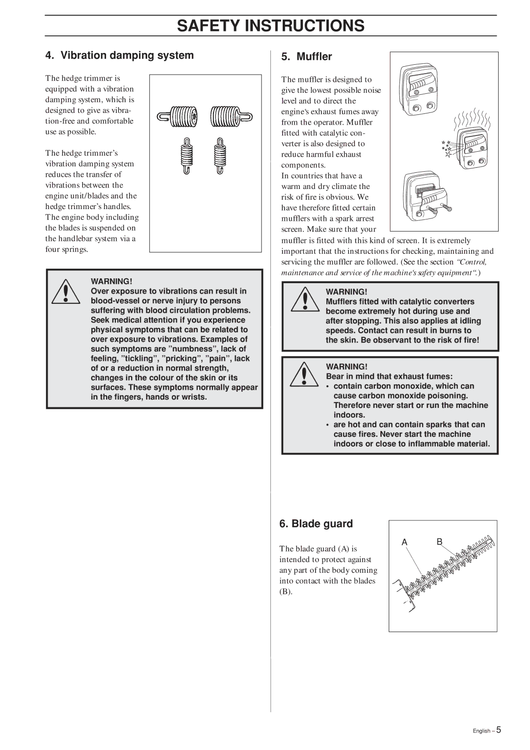 Husqvarna 225H60 manual Vibration damping system, Muffler, Blade guard 