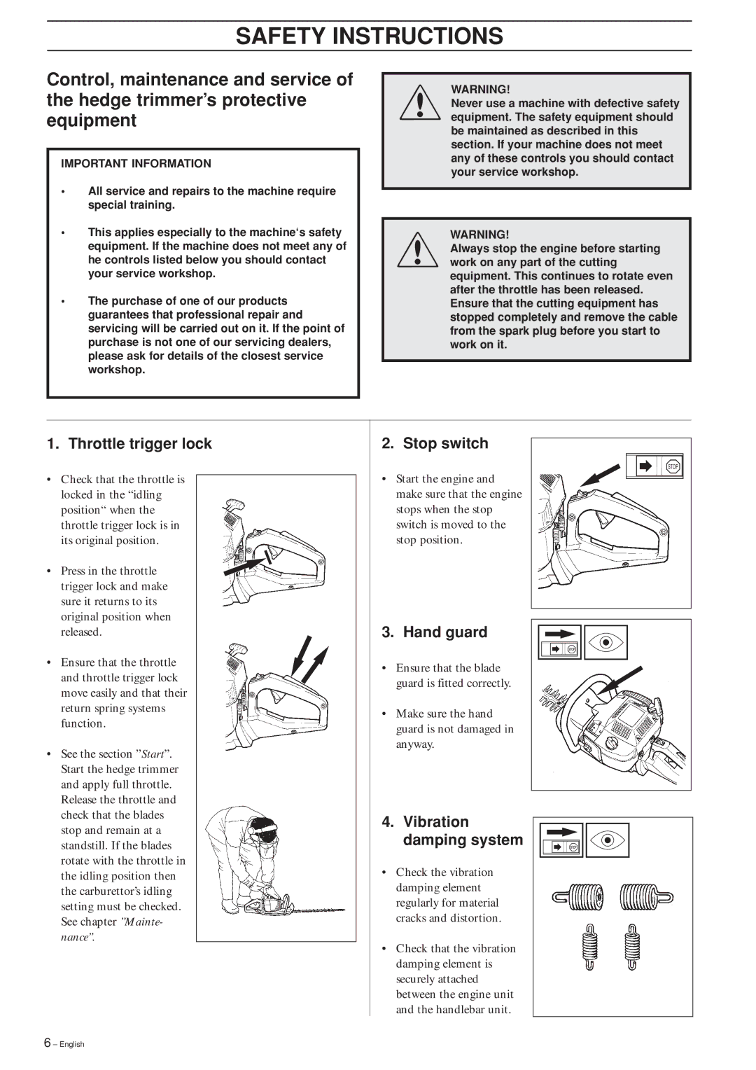 Husqvarna 225H60 manual Make sure the hand guard is not damaged in anyway 