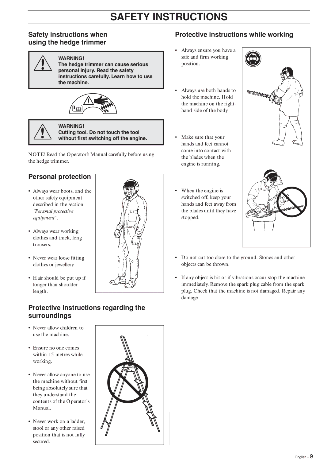 Husqvarna 225H60 manual Safety instructions when using the hedge trimmer, Personal protection 