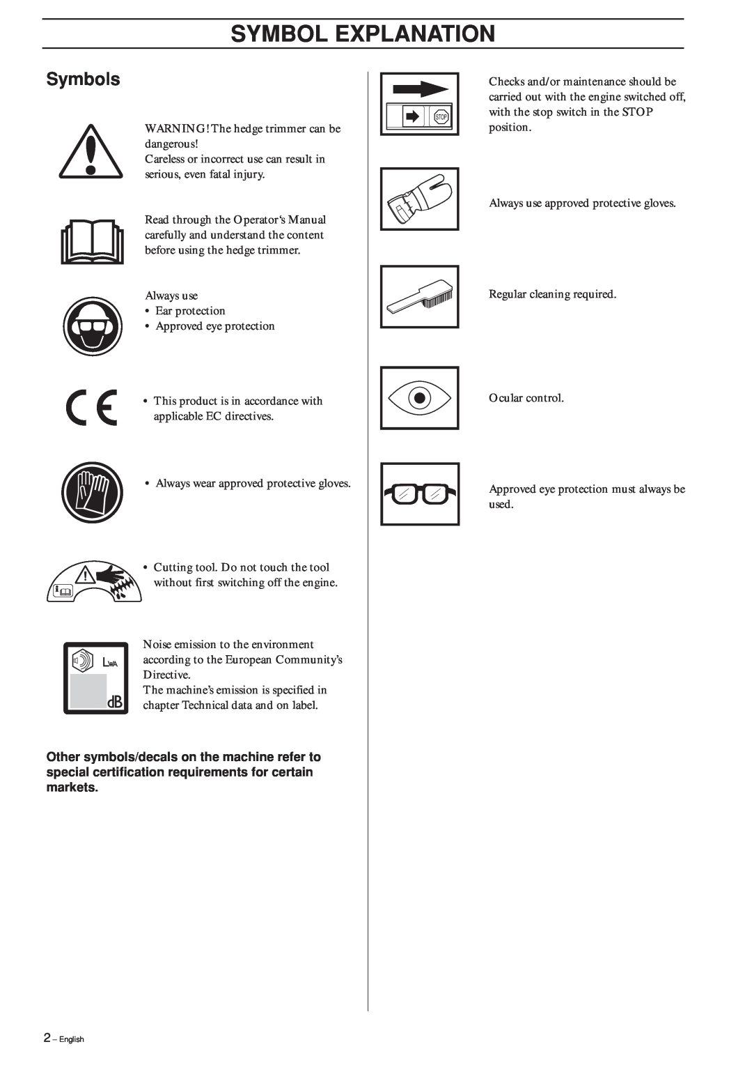 Husqvarna 225H60 manual Symbol Explanation, Symbols 