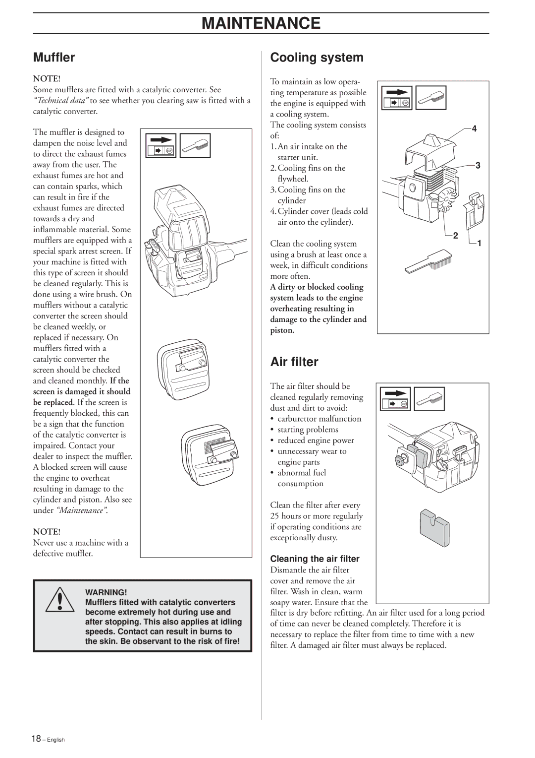 Husqvarna 225L Lite, 225L/LD, 232L manual Muffler, Cooling system, Air filter 