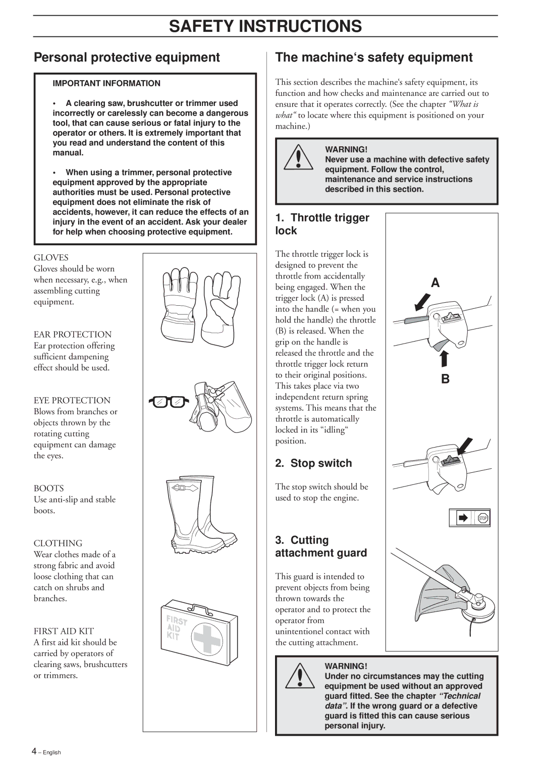 Husqvarna 225L/LD, 225L Lite, 232L manual Safety Instructions, Personal protective equipment, Machine‘s safety equipment 