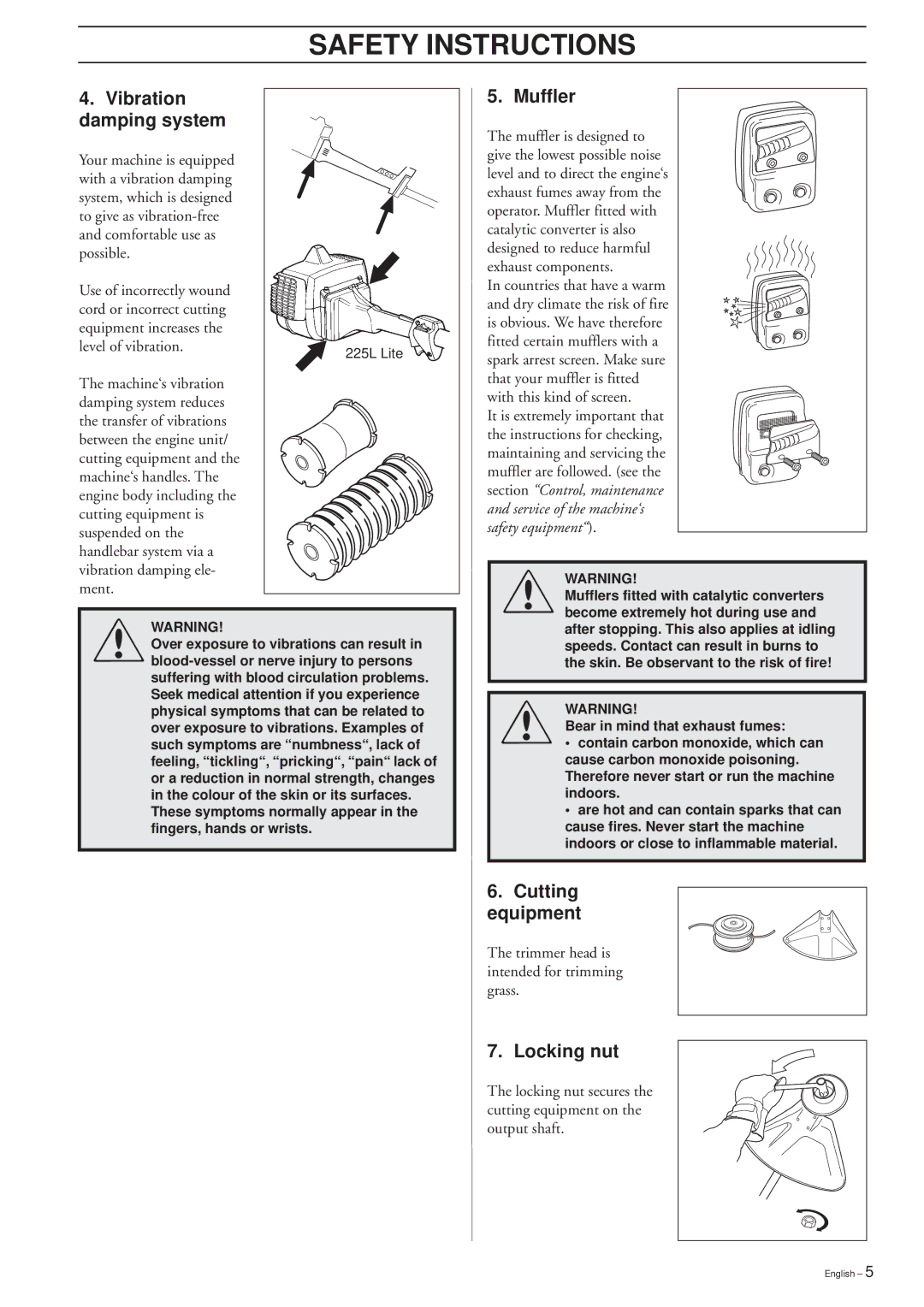 Husqvarna 232L, 225L Lite, 225L/LD manual Vibration damping system, Muffler, Cutting Equipment, Locking nut 