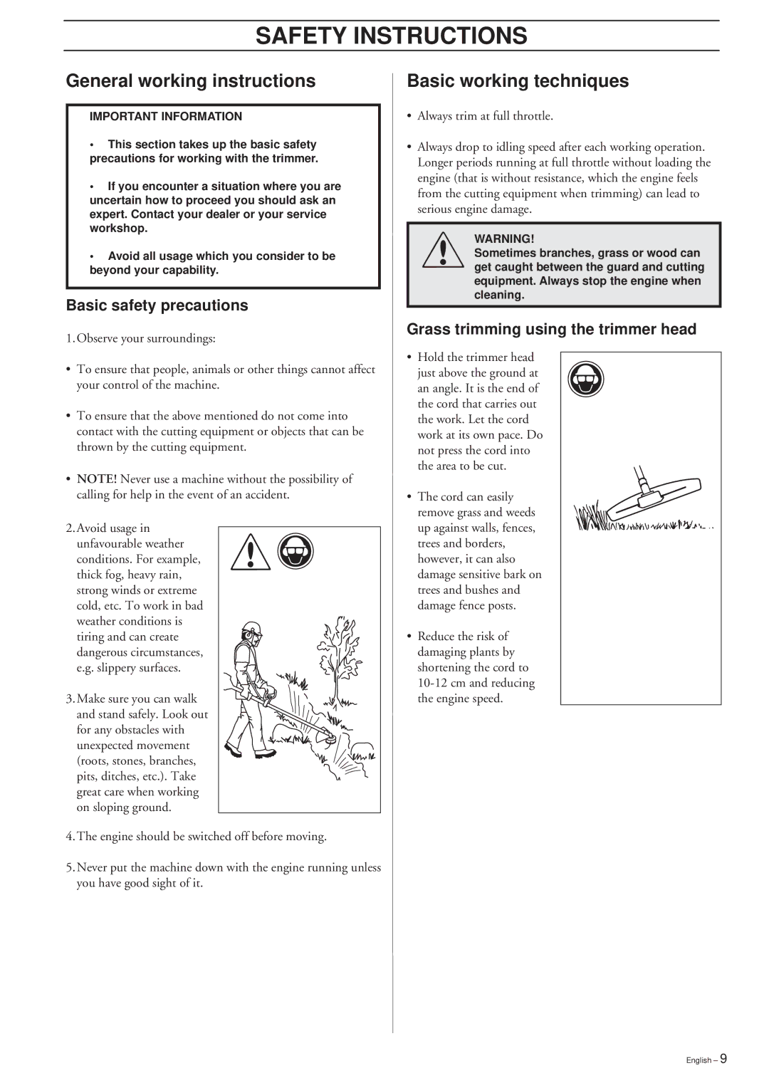 Husqvarna 225L Lite, 225L/LD, 232L manual General working instructions, Basic working techniques, Basic safety precautions 