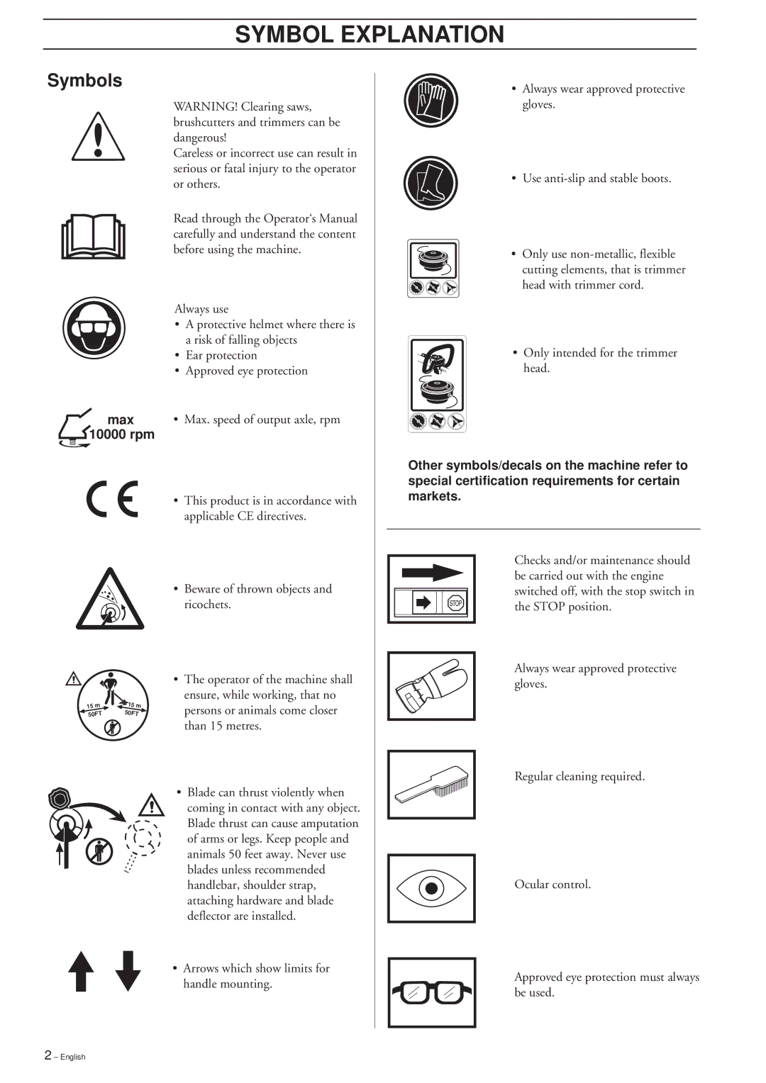 Husqvarna 227LD, 225LD, 240L manual Symbol Explanation, Symbols, Max 10000 rpm 