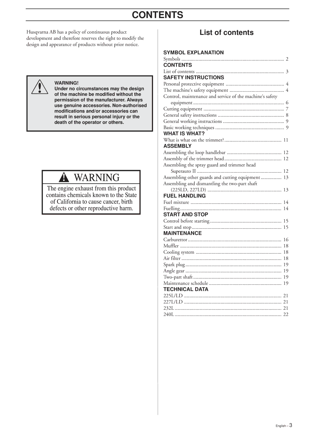 Husqvarna 225LD, 240L, 227LD manual Contents 
