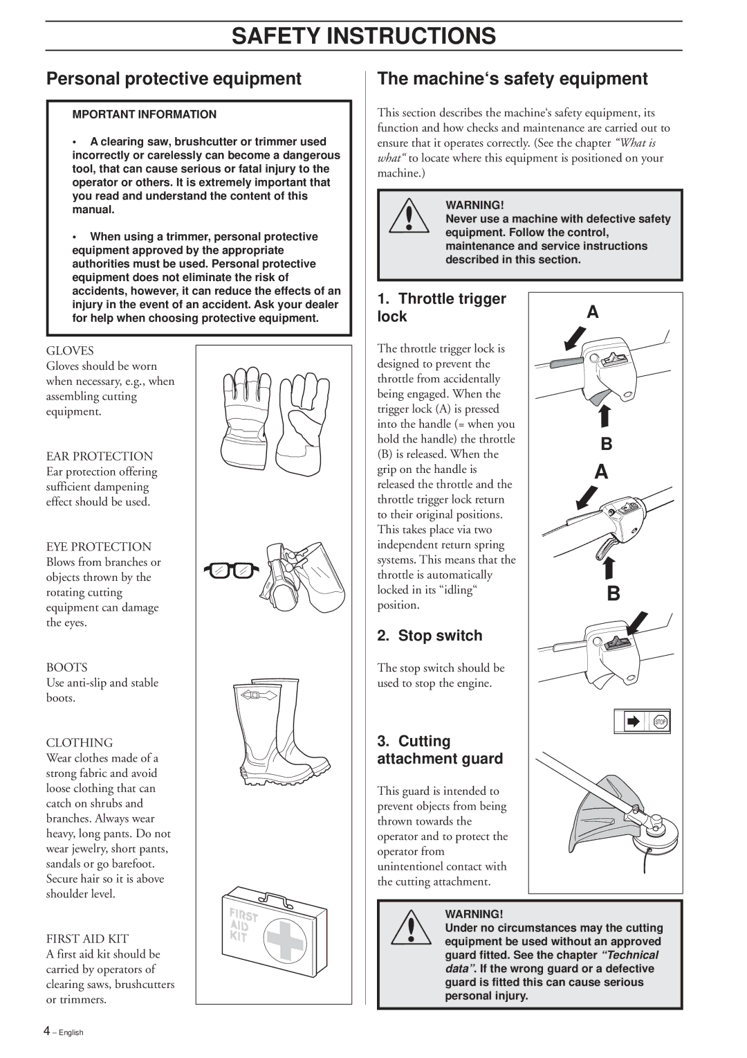 Husqvarna 240L, 225LD, 227LD manual Safety Instructions, Personal protective equipment, Machine‘s safety equipment 