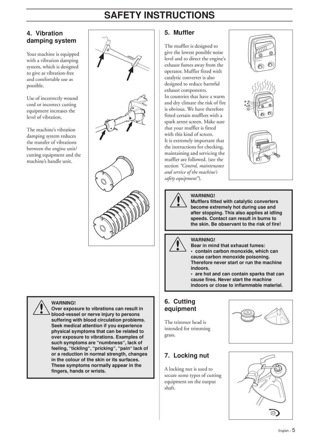 Husqvarna 227LD, 225LD, 240L manual Vibration damping system, Muffler, Cutting Equipment, Locking nut 