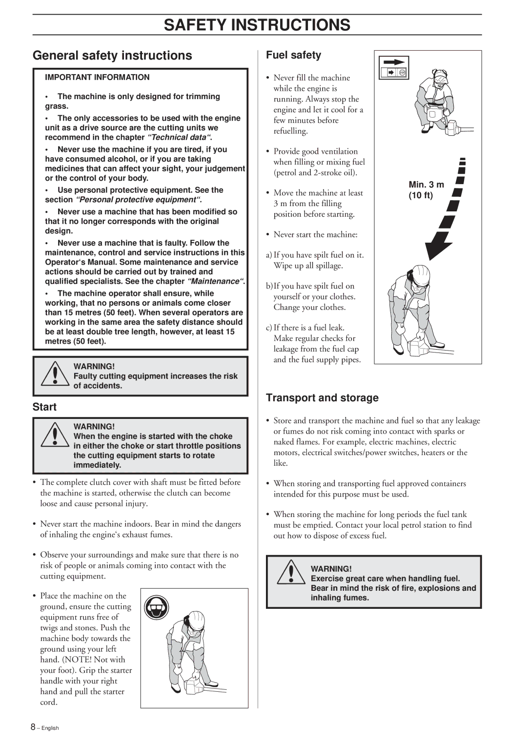 Husqvarna 227LD, 225LD, 240L manual General safety instructions, Fuel safety, Start, Transport and storage 