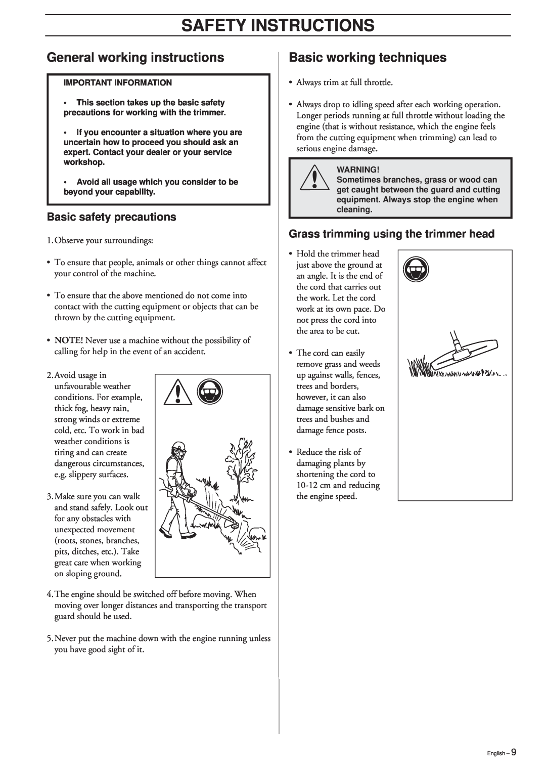 Husqvarna 225LD General working instructions, Basic working techniques, Basic safety precautions, Safety Instructions 