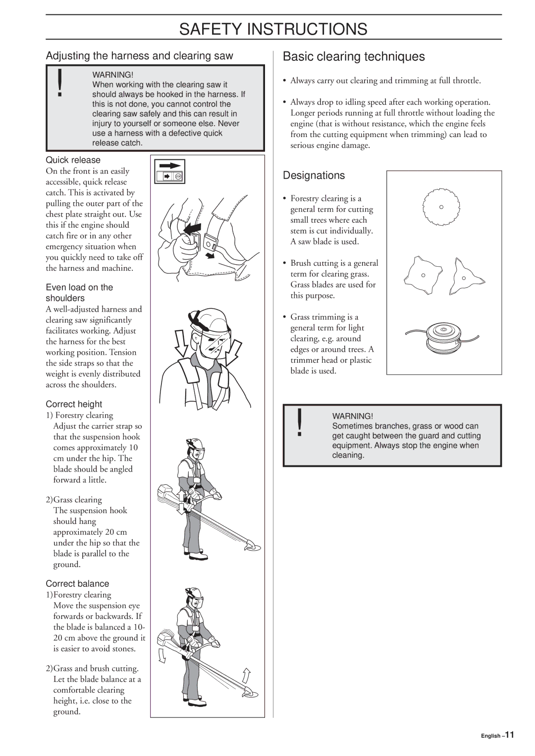 Husqvarna 225R, 225RD, 225RJ, 232R, 232RD, 235R manual Basic clearing techniques, Adjusting the harness and clearing saw 