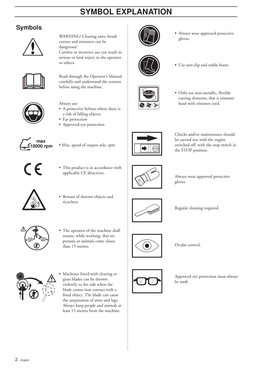 Husqvarna 232R, 235R, 235FR, 225R, 225RD, 225RJ, 232R, 232RD, 235R manual Symbol Explanation, Symbols, Max 10000 rpm 