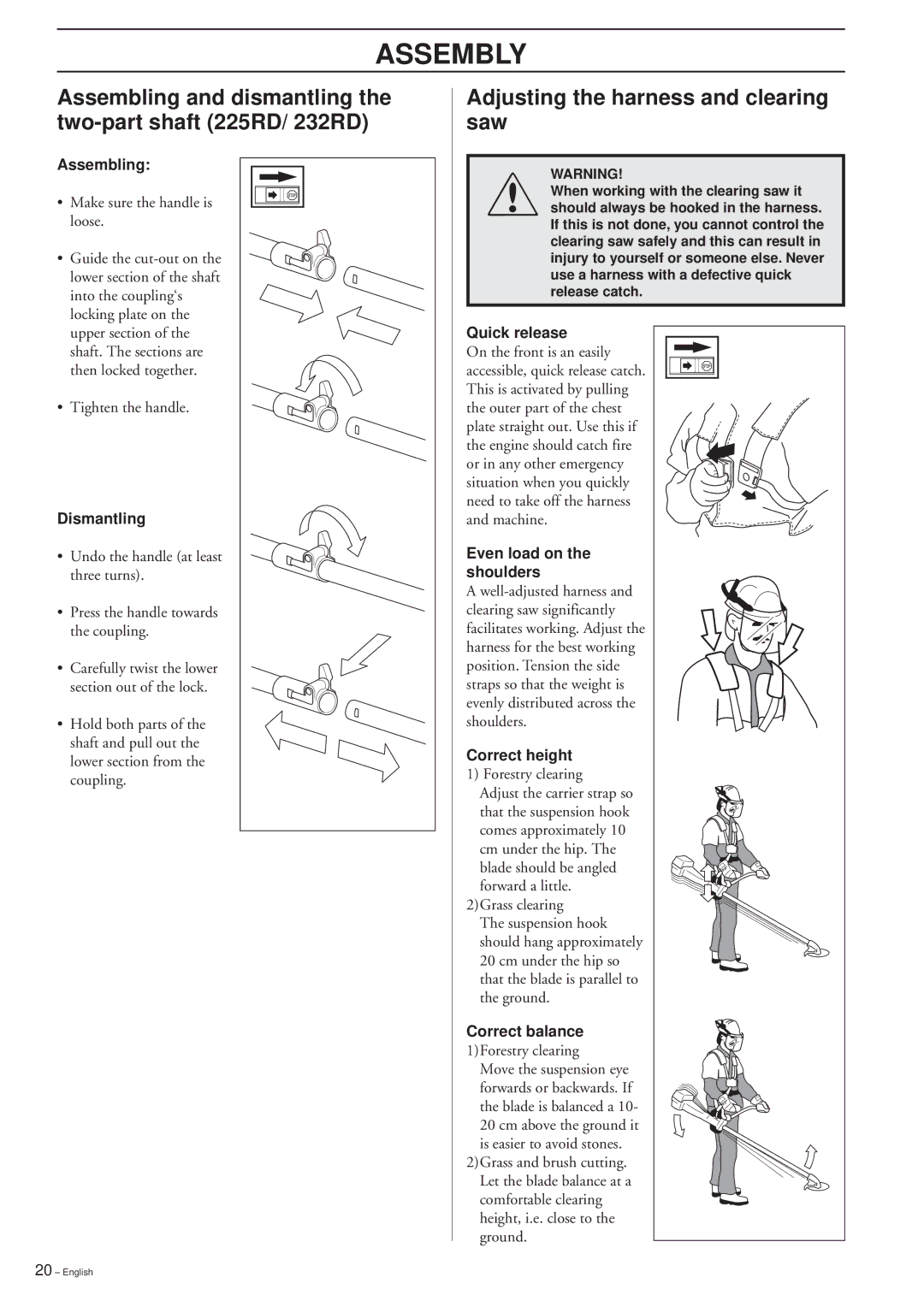 Husqvarna 232R, 235R, 235FR manual Adjusting the harness and clearing saw, Assembling, Dismantling 