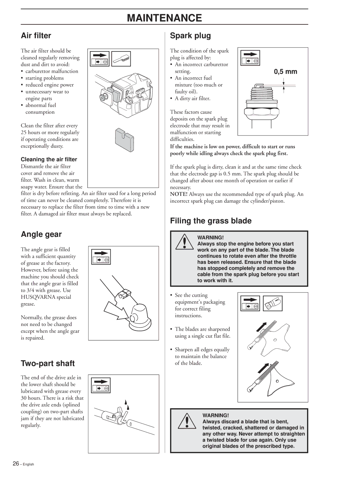 Husqvarna 232R, 235R, 235FR manual Air filter Spark plug, Angle gear, Two-part shaft, Filing the grass blade 