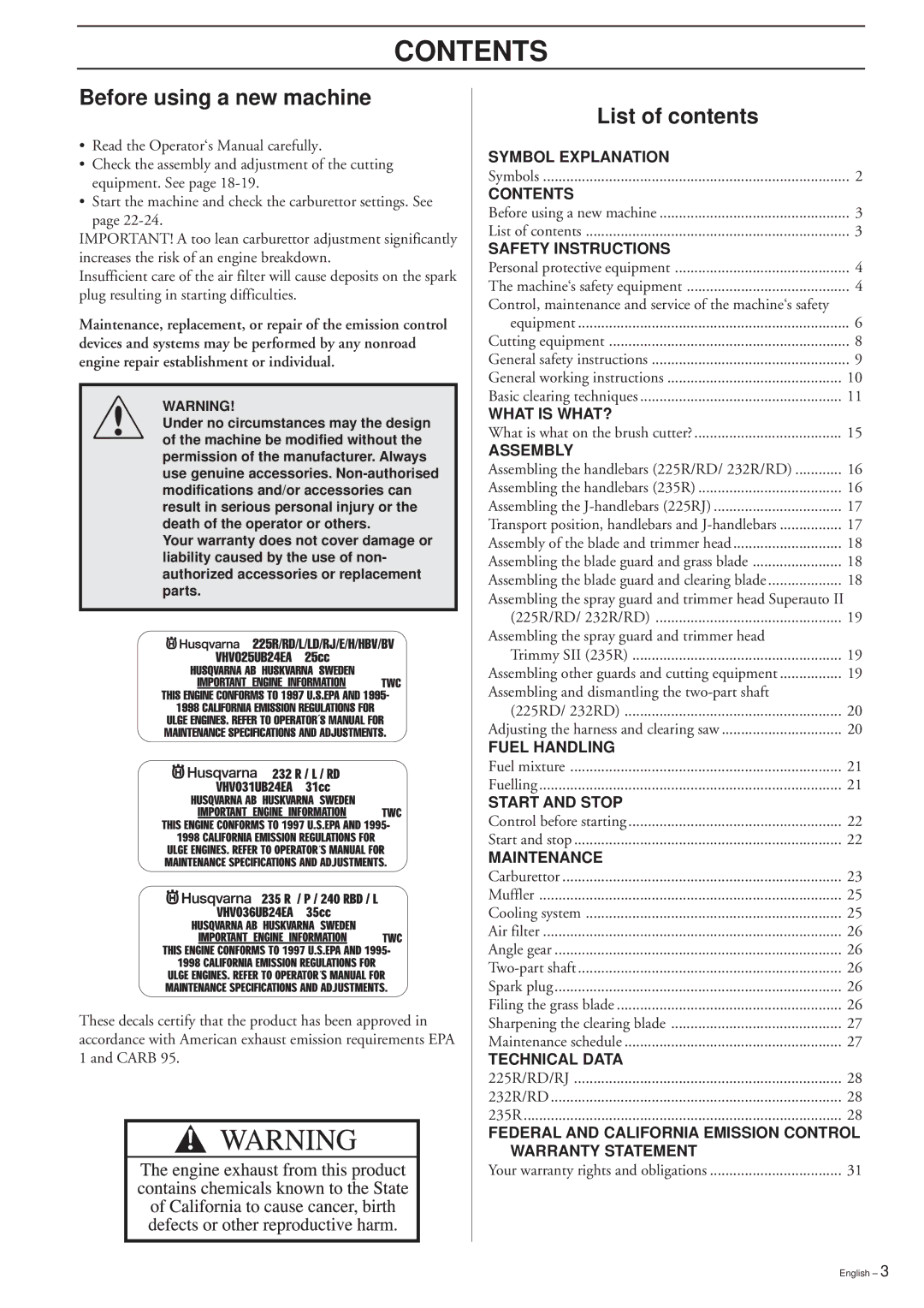 Husqvarna 225R, 225RD, 225RJ, 232R, 232RD, 235R, 232R, 235R, 235FR manual Contents 