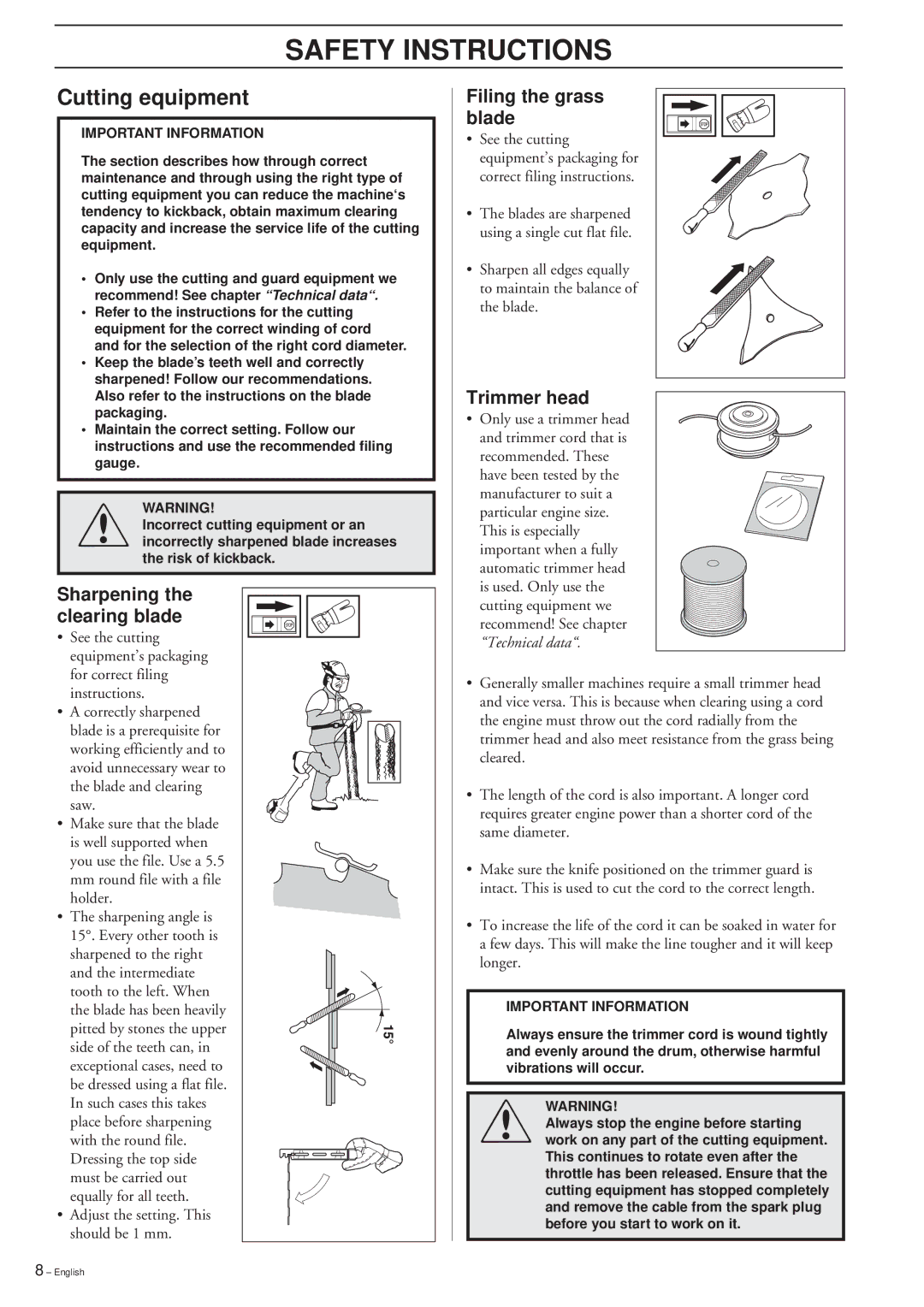 Husqvarna 232R, 235R, 235FR manual Cutting equipment, Sharpening the clearing blade, Filing the grass blade, Trimmer head 