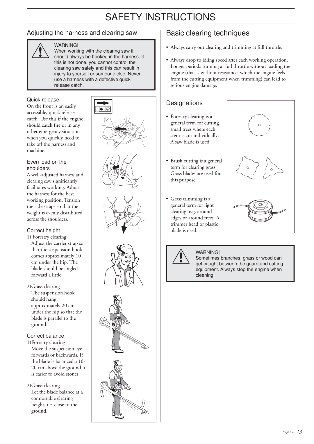 Husqvarna 225R, 225RD, 227R, 227RD, 232R, 232RD, 235R Basic clearing techniques, Adjusting the harness and clearing saw 