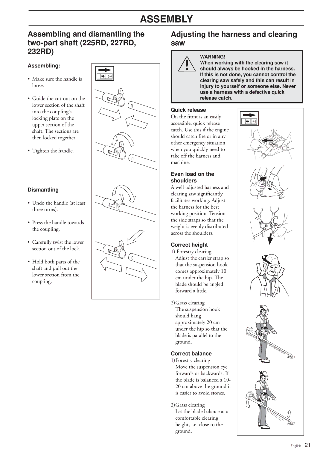 Husqvarna 225R, 225RD, 227R, 227RD, 232R, 232RD, 235R Adjusting the harness and clearing saw, Assembling, Dismantling 