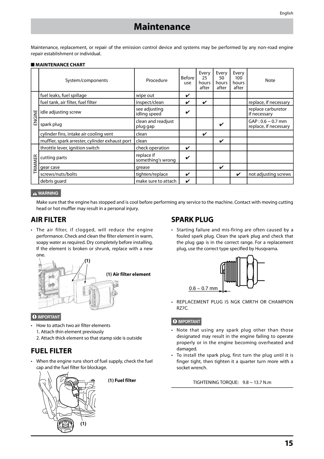 Husqvarna 226HD60S, 226HD75S manual Maintenance, AIR Filter, Fuel Filter, Spark Plug, Fuel filter 