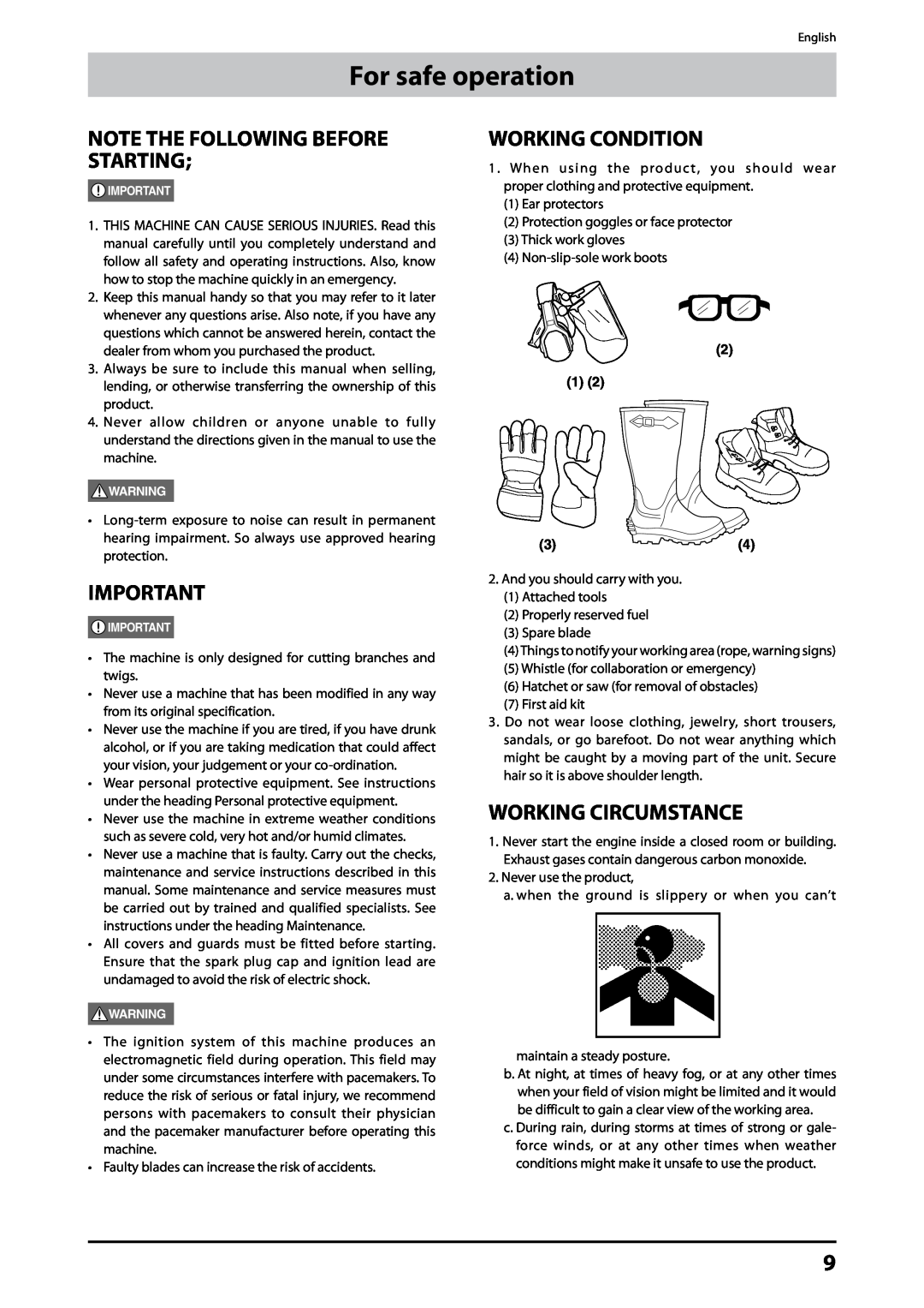 Husqvarna 226HD60S manual For safe operation, Note The Following Before Starting, Working Condition, Working Circumstance 