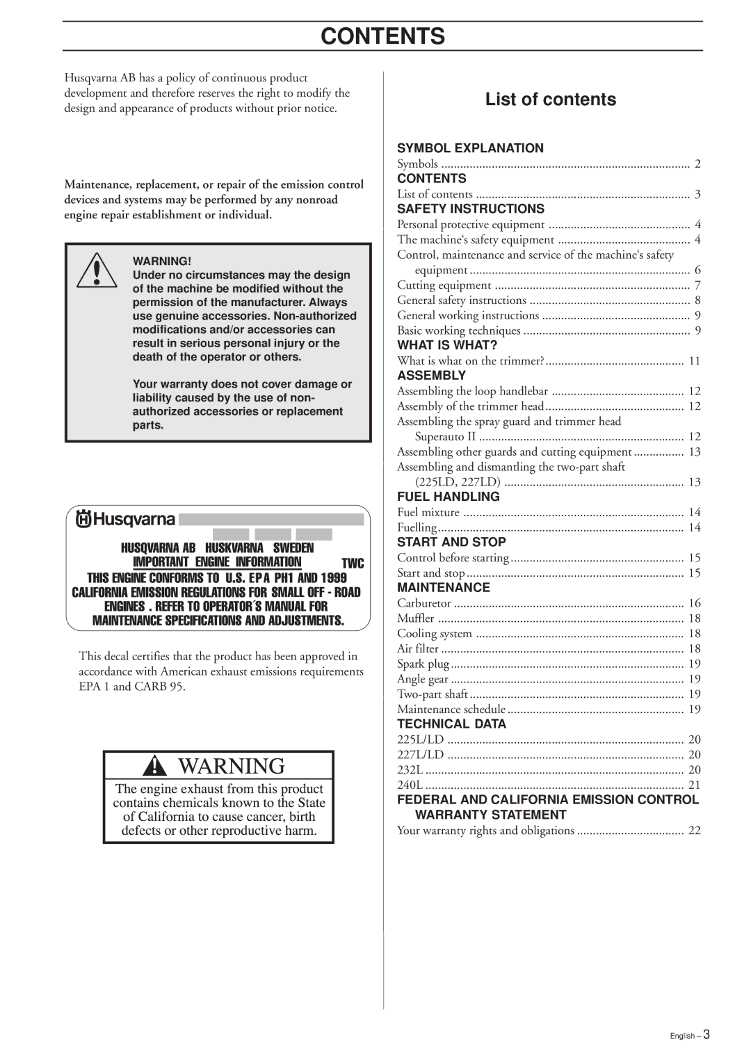 Husqvarna 240 L, 227L/LD, 225L manual Contents 