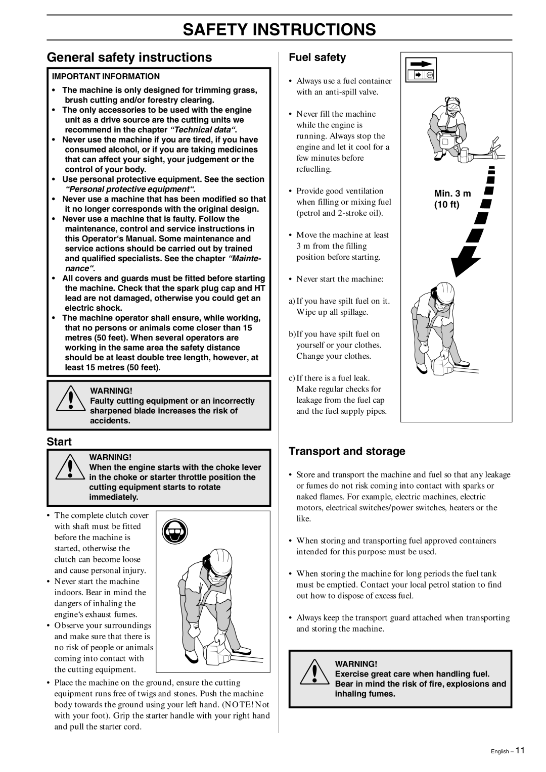 Husqvarna 227R, 227RD, 232R, 232RD, 235R General safety instructions, Start Fuel safety, Transport and storage, 10 ft 