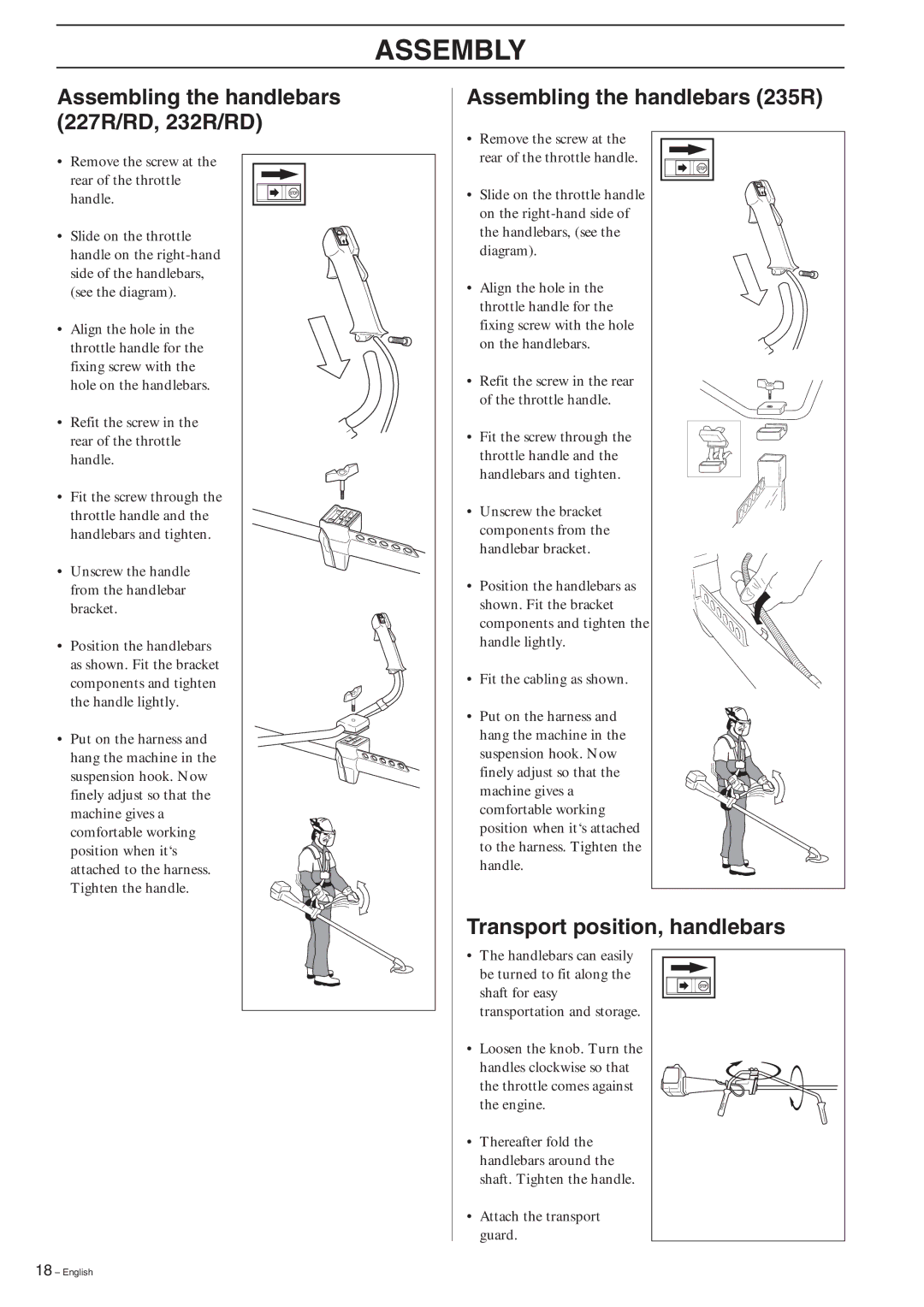 Husqvarna 227R, 227RD, 232R, 232RD, 235R manual Assembly, Assembling the handlebars 235R, Transport position, handlebars 