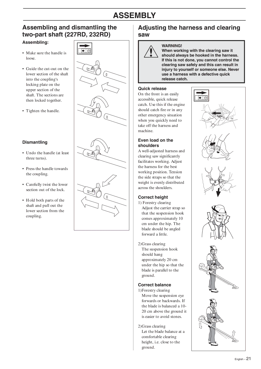 Husqvarna 227R, 227RD, 232R, 232RD, 235R manual Adjusting the harness and clearing saw, Assembling, Dismantling 