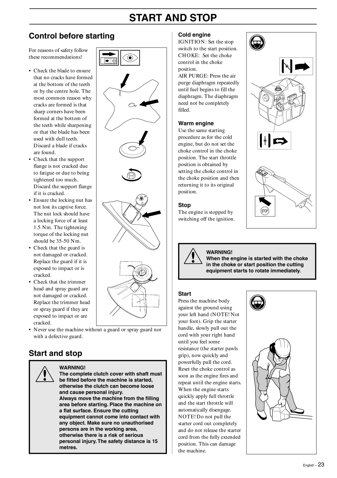 Husqvarna 227R, 227RD, 232R, 232RD, 235R manual Start and Stop, Control before starting, Start and stop 