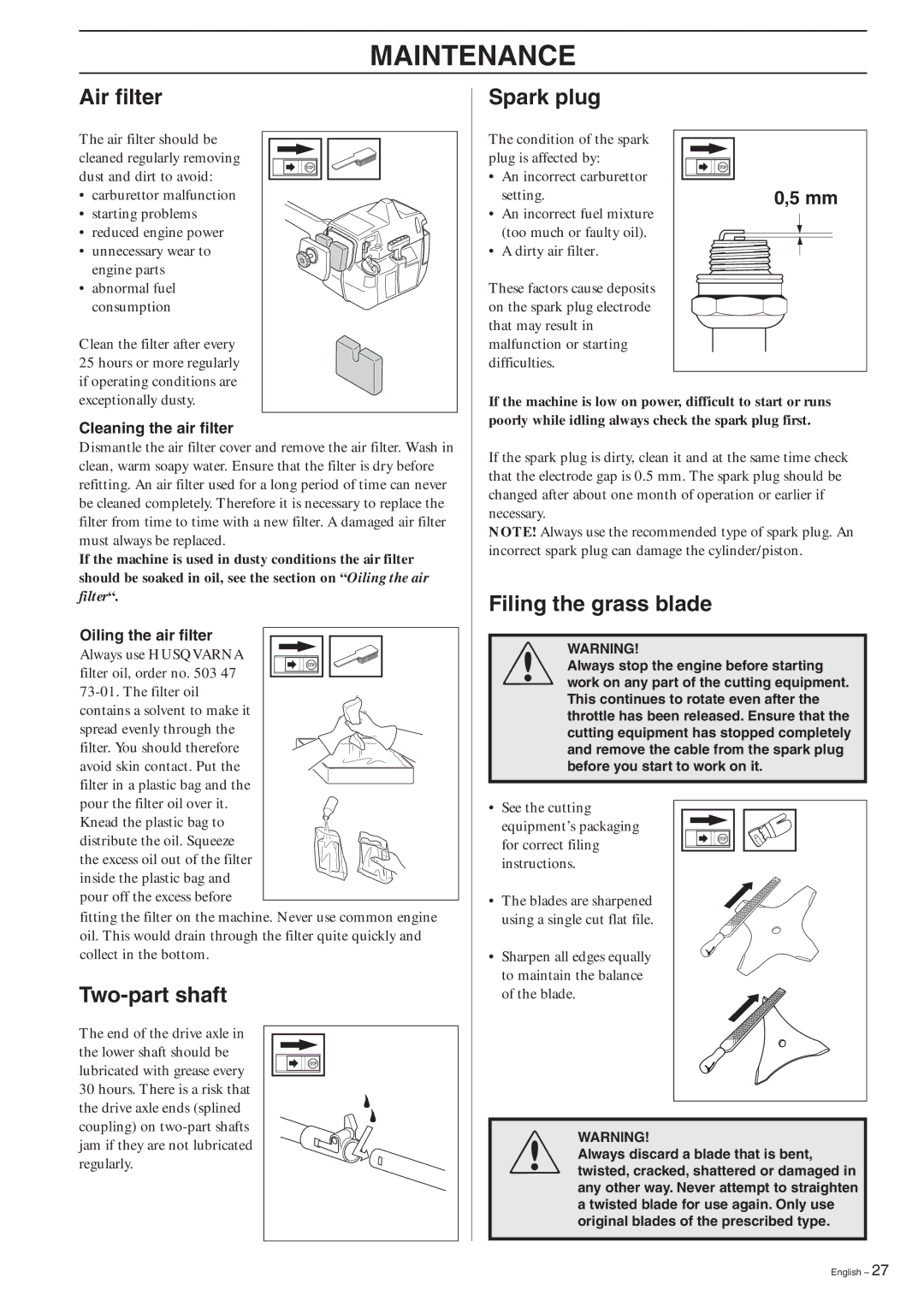 Husqvarna 227R, 227RD, 232R, 232RD, 235R manual Air filter Spark plug, Two-part shaft, Filing the grass blade 